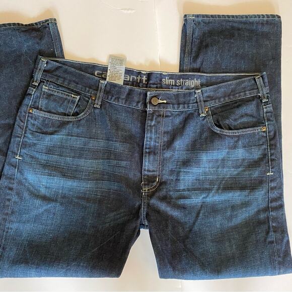 Carhartt Mens Jeans SZ 42/30 Blue Slim Straight Heavyweight Work Casual Wear - Picture 4 of 9